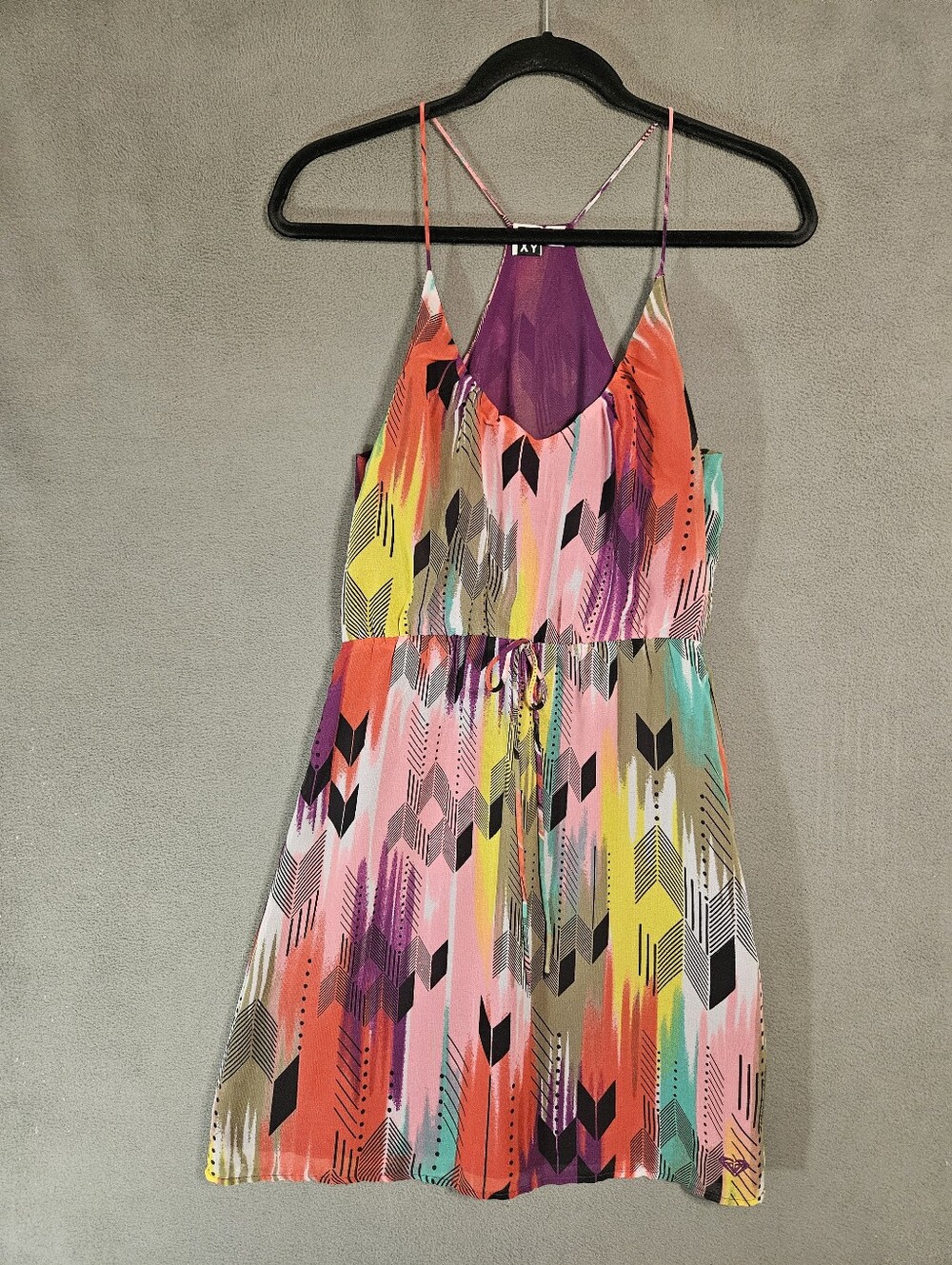 Roxy Womens XS Hippie Mini Dress Racerback Sleeveless Arrows Vneck Teir Bow